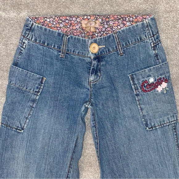 0 XS VTG Y2k Candies Denim Bell Bottom Wide Leg Flare Side Pocket Low Rose Jeans - Picture 3 of 11